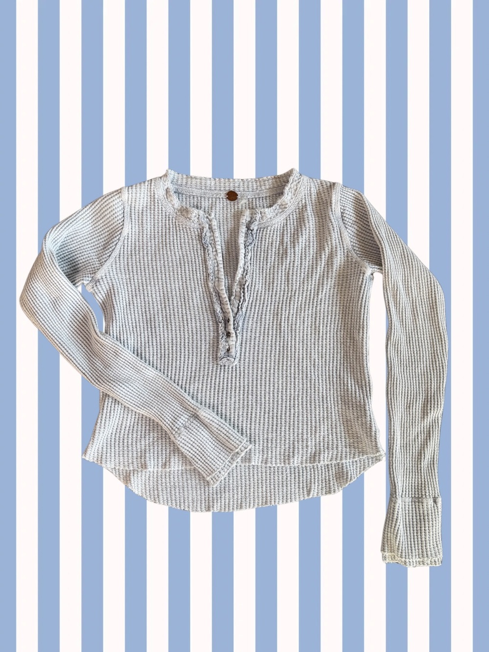 Free People FP One Colt Thermal Top Blue Waffle Knit Henley (XS) Distressed